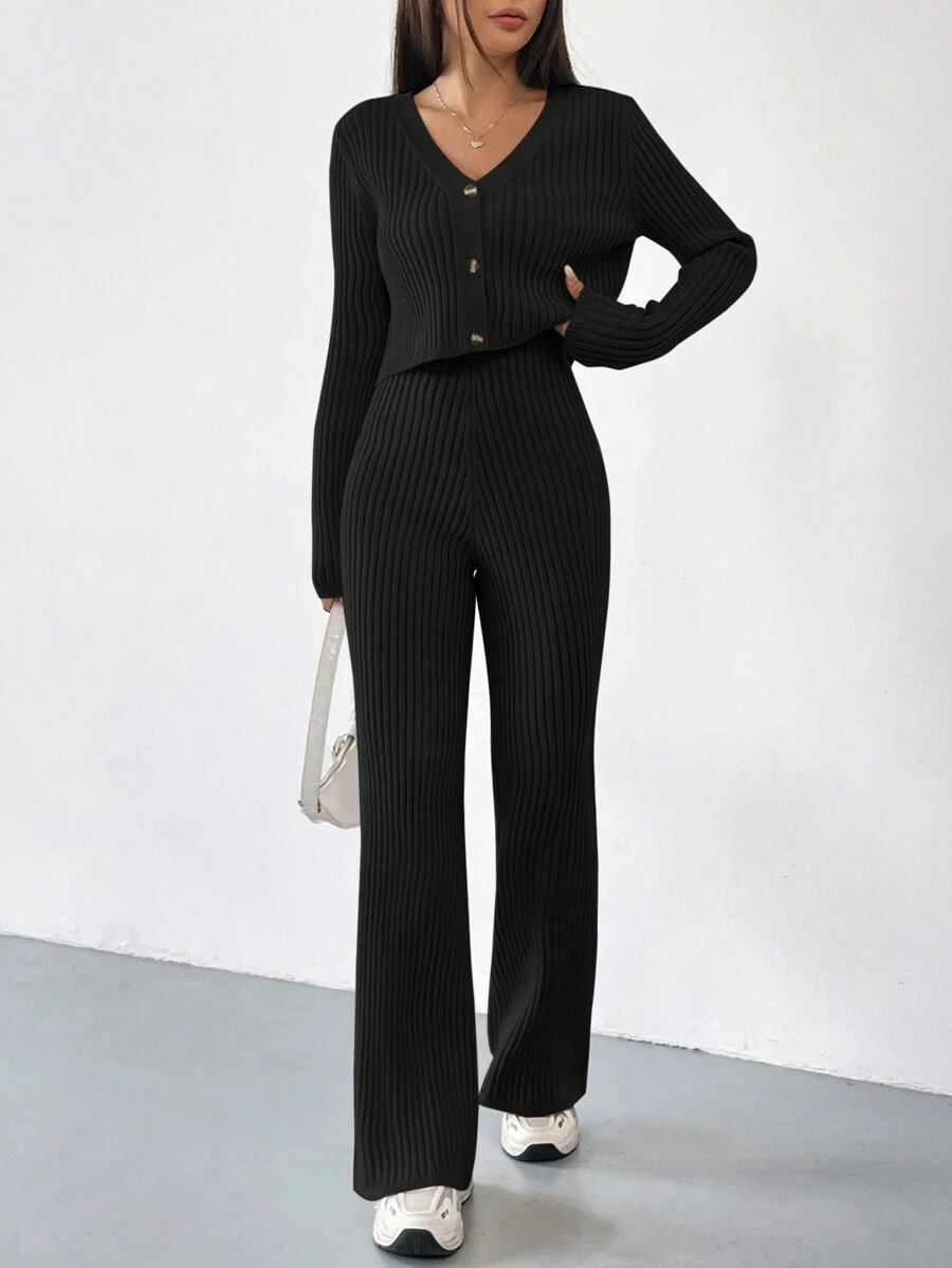 SHEIN EZwear 夏季黑色 Y2k 罗纹针织开衫和喇叭腿针织裤两件套女士秋冬装 - 黑色 - 查看 1