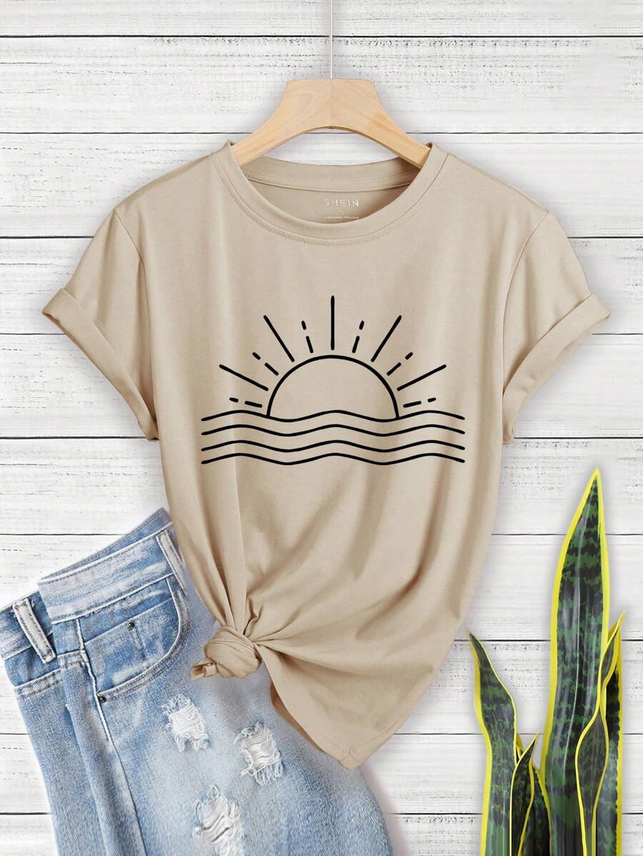 SHEIN LUNE 太陽印花T恤 - 卡其色 - 查看 1