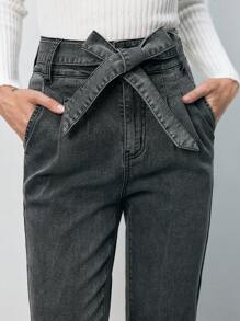 SHEIN Frenchy Ultra High Waist Belted Mom Fit Jeans - Dark Grey - View 3