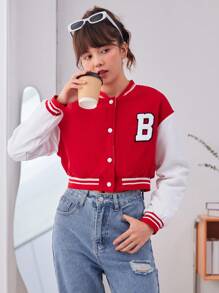 少女字母拼接条纹落肩短款夹棉外套 - 紅色 - 查看 4