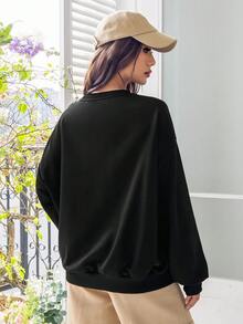 SHEIN EZwear Tiger & Slogan Graphic Drop Shoulder Sweatshirt - Black - View 3