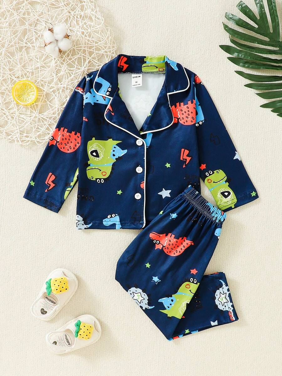 男嬰卡通圖案拼接滾邊襯衫和褲子 - 藍色 - 查看 1