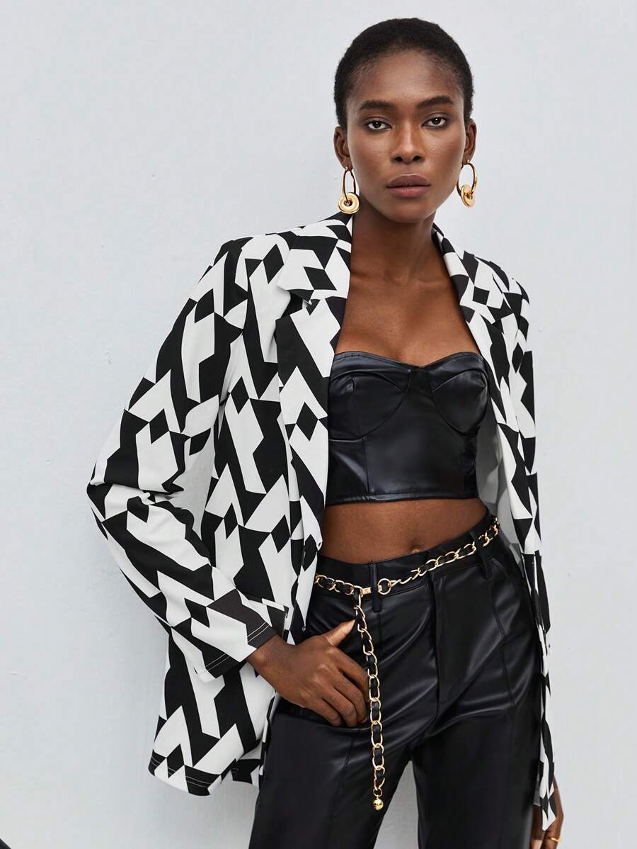 Maija Allover Print Lapel Neck Blazer - Black and White - View 1