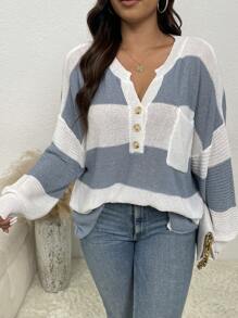 SHEIN LUNE Plus Colorblock Half Button Drop Shoulder Pocket Patched Sweater - Multicolor - View 1