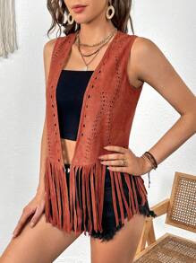 SHEIN VCAY Hollow Out Fringe Hem Open Front Vest Jacket - Redwood - View 3