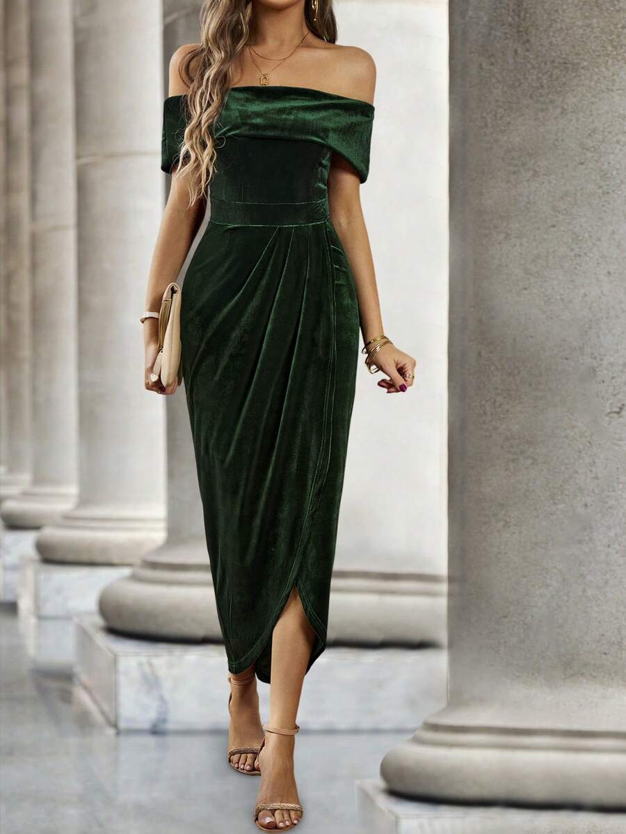 SHEIN Clasi Đầm Maxi Nhung Trễ Vai Quấn Viền Trang Phục Cho Nữ - Màu xanh lá cây đậm - Xem 1