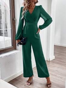 SHEIN Frenchy Surplice Neck Lantern Sleeve Wide Leg Jumpsuit - Green - View 1