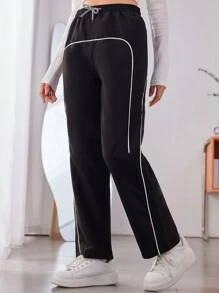 青少年女孩拼接滾邊腰部抽繩長褲 - 黑色 - 查看 1
