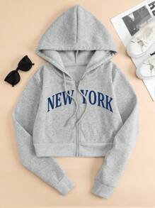 SHEIN Unity Letter Graphic Zip Up Drawstring Thermal Lined Crop Hoodie - Grey - View 1