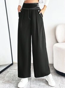 SHEIN Privé 高腰頂針闊腿西裝褲 - 黑色 - 查看 3