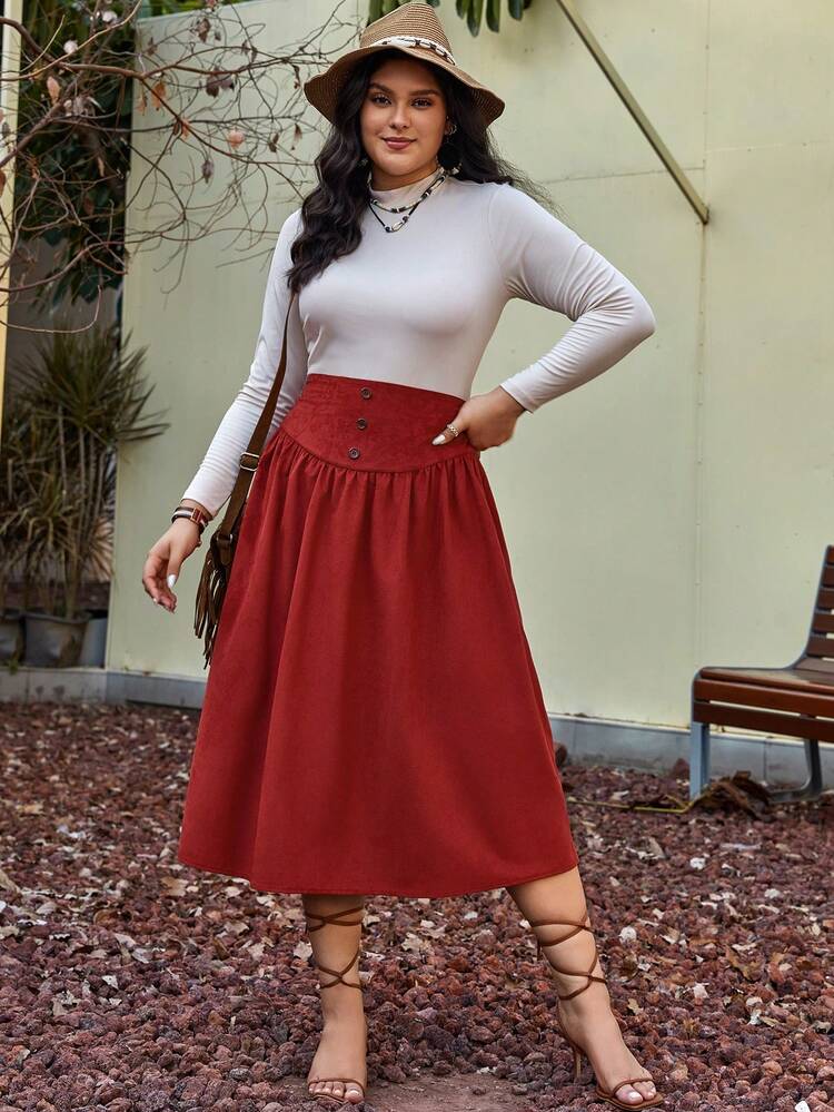 Plus High Waist Button Detail Flare Skirt