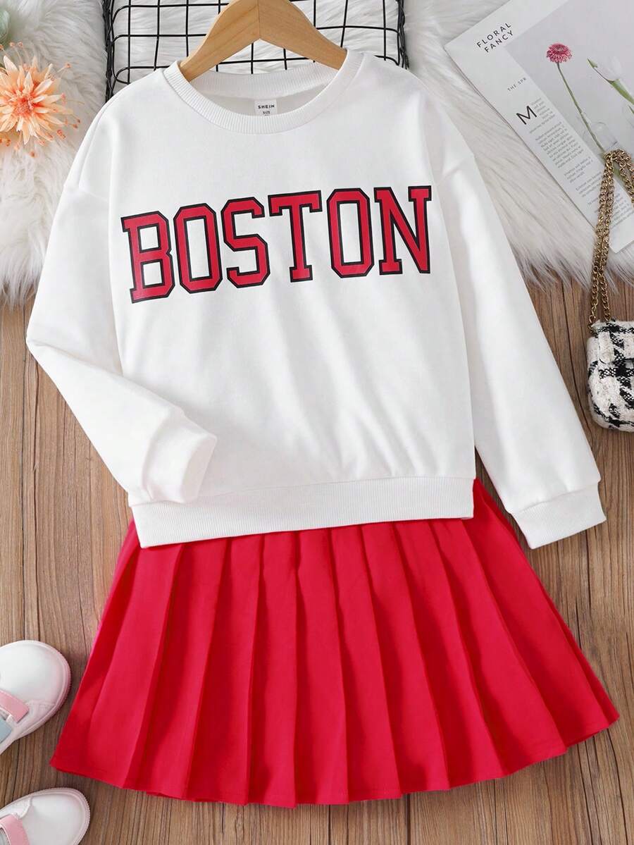 SHEIN Tween Girl Letter Graphic Drop Shoulder Sweatshirt & Pleated Skirt - Red - View 1