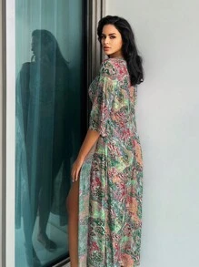 SHEIN Swim 滿版印花深V連體泳衣附和服 - 彩色 - 查看 2