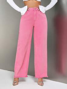 SHEIN SXY 高腰毛邊闊腿牛仔褲 - 玫紅色 - 查看 2