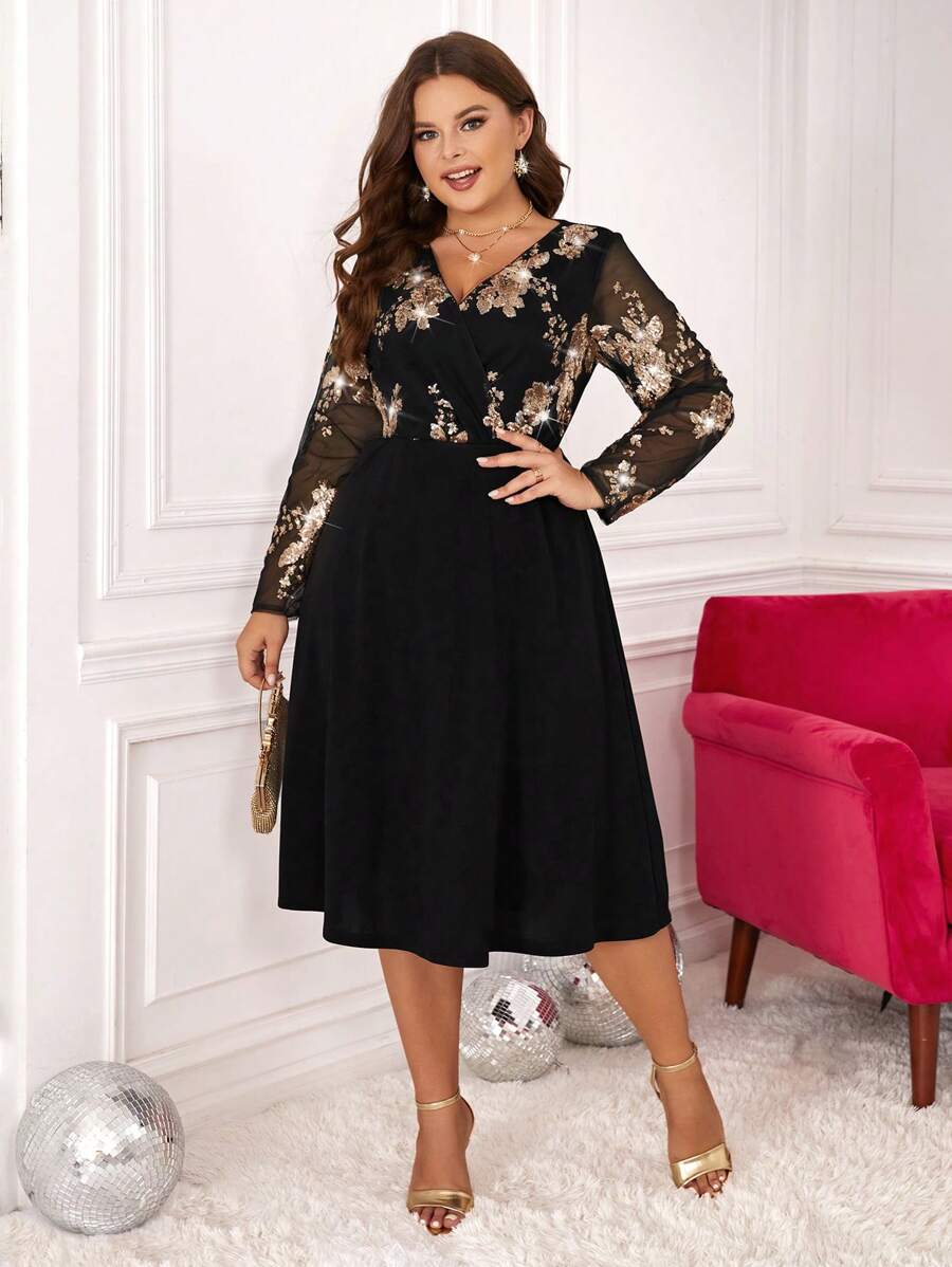 SHEIN Clasi 大碼亮片拼接拼接網紗洋裝 - 黑色 - 查看 1