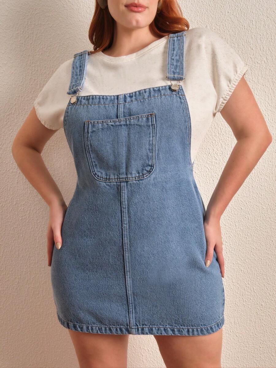 Shein Curve妞裝牛仔假套裝,短版可調腰帶肩帶 - 深色水洗藍 - 查看 1