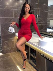 Glamine Charm Surplice Neck Wrap Ruched Side Tulip Hem Bodycon Dress - Burgundy - View 6