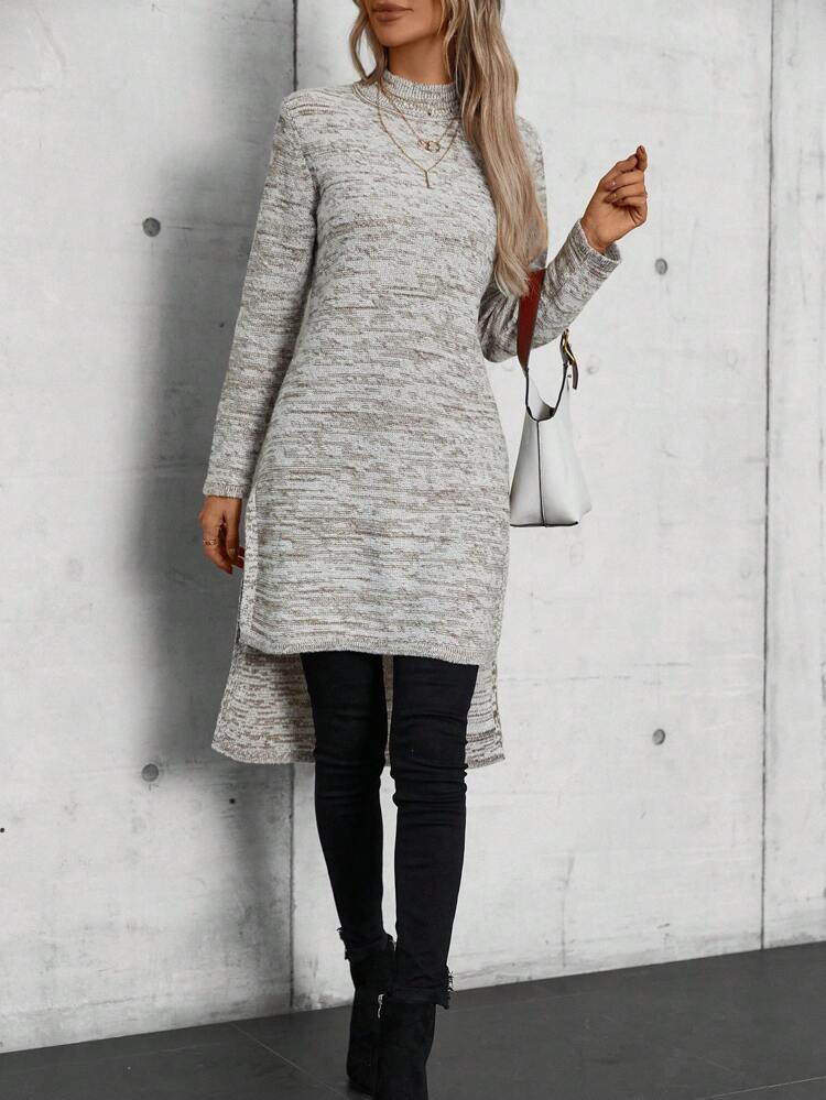 Space Dye Mock Neck Split Hem Sweater Dress