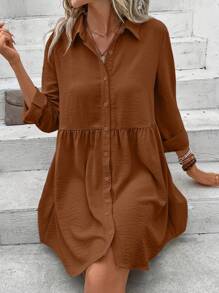 SHEIN Frenchy 素色前紐扣娃娃裙 - 棕色 - 查看 5