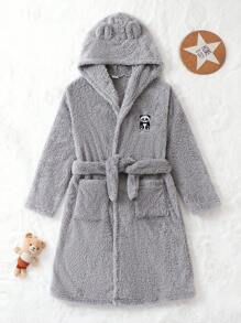 Tween Girl Panda Embroidery 3D Ear Design Hooded Belted Flannel Robe - Grey - View 1