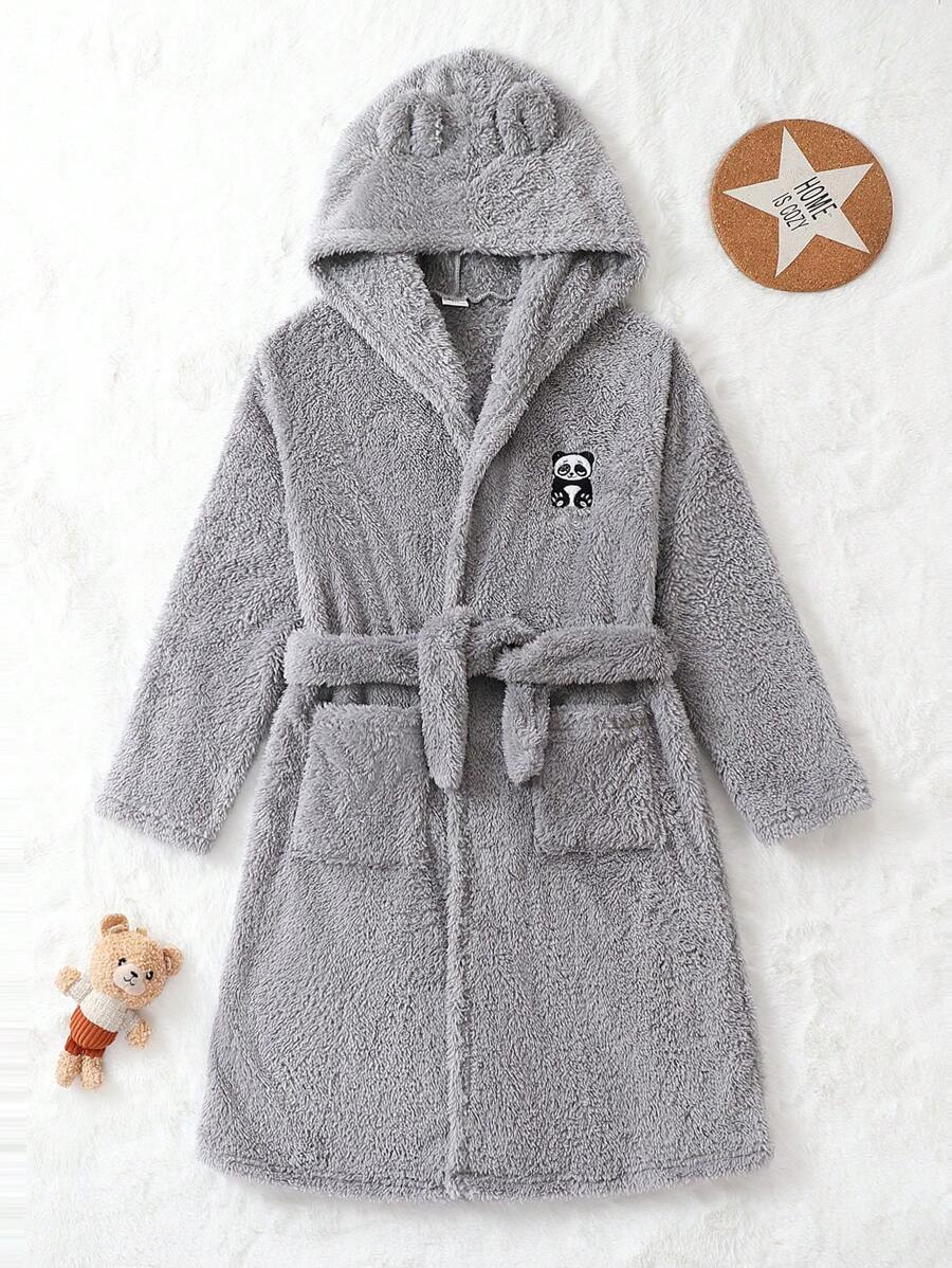Tween Girl Panda Embroidery 3D Ear Design Hooded Belted Flannel Robe - Grey - View 1