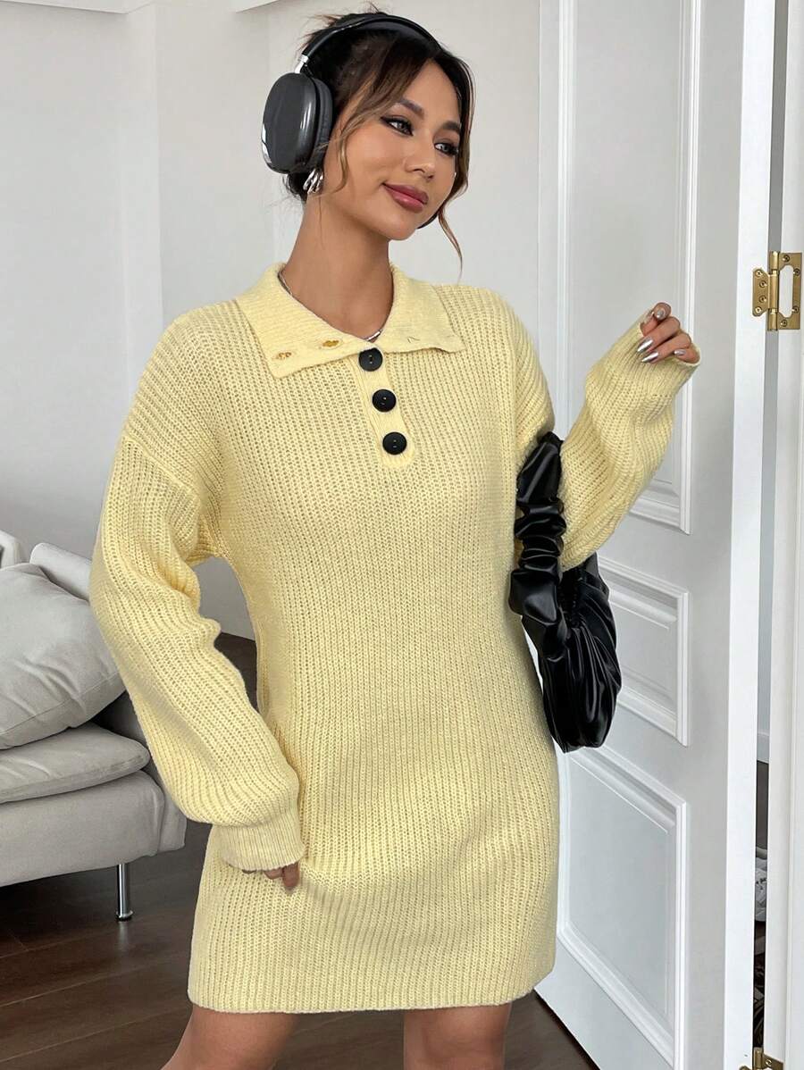 SHEIN Unity Polo領落肩袖毛衣洋裝 - 米色 - 查看 1