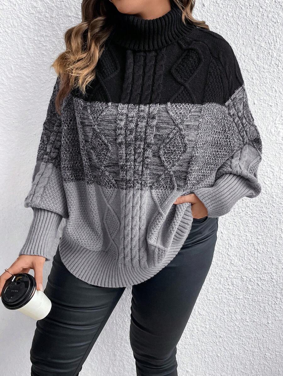 Calvaya Plus Colorblock Turtleneck Cable Knit Raglan Sleeve Sweater Knit Pullover Fall Winter Outfit