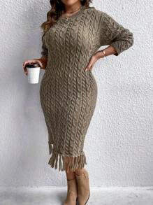 SHEIN LUNE Plus Cable Knit Fringe Hem Drop Shoulder Sweater Dress Fall Winter Cloth For Women Autumn - Olive Green - View 1