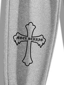 男士交叉印花腰部抽繩加絨內裏長褲 - 灰色 - 查看 6