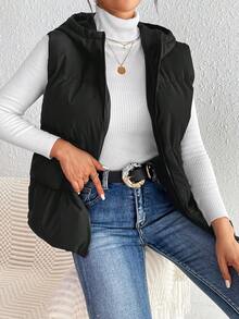 SHEIN Frenchy Zip Up Hooded Vest Padded Coat - Black - View 5