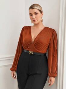 BizChic 大尺碼女性深v領插肩袖連體褲,褶皺細節 - 咖啡棕 - 查看 8