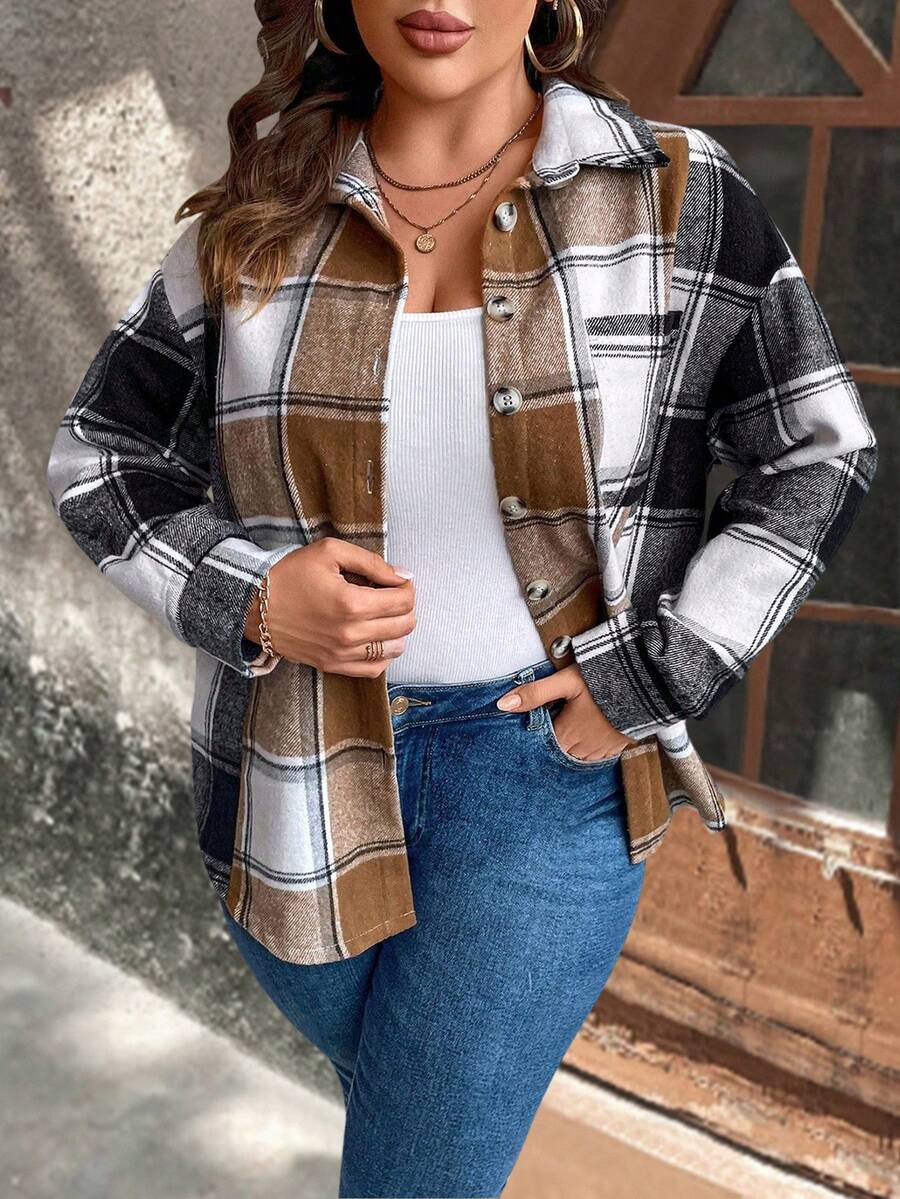 Plus Drop Shoulder Curved Hem Plaid Print Coat - Multicolor - View 1