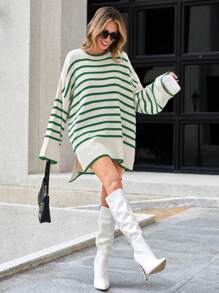 SHEIN Cottnline Suéter De Rayas Para Mujer Con Hombros Caídos - Verde - Ver 4