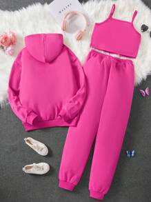 青少年女孩蝴蝶和字母圖案吊帶上衣和運動褲和拉鏈連帽衫 - 玫紅色 - 查看 2