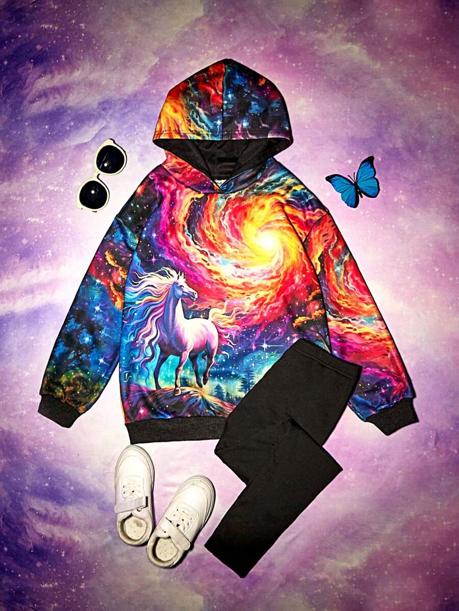 SHEIN 女大童馬印花連帽衫和緊身褲 - 彩色 - 查看 1