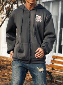 Manfinity Homme Nam Plus Đồ họa Hoạt hình Dây kéo Dây rút Hoodie - Xám - Xem 1