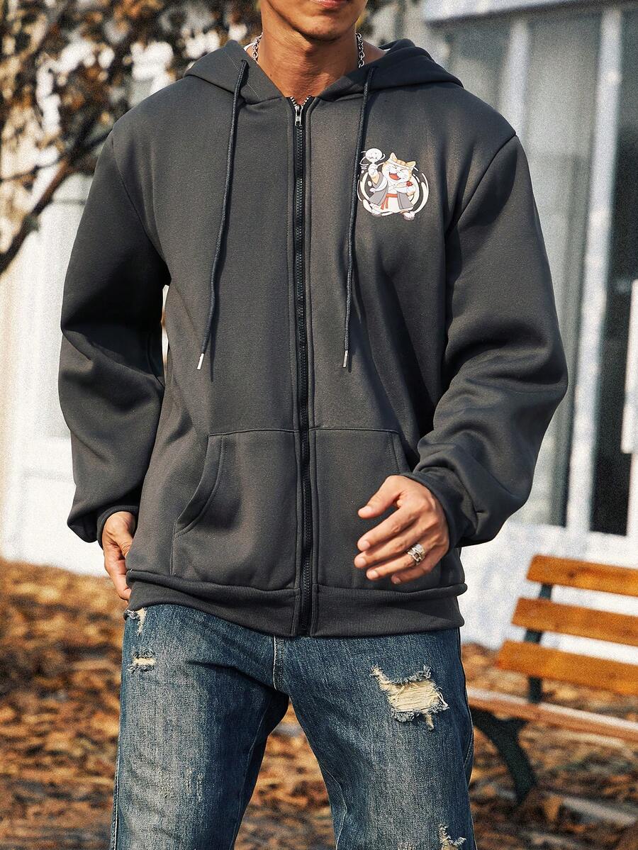 Manfinity Homme Nam Plus Đồ họa Hoạt hình Dây kéo Dây rút Hoodie - Xám - Xem 1