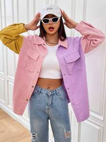 SHEIN EZwear Colorblock Flap Pocket Drop Shoulder Corduroy Coat - Multicolor - View 3