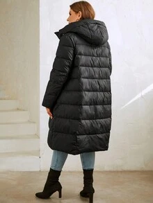 MIEGOFCE Plus Size Women Zipper Drawstring Hooded Long Sleeve Long Winter Coat - Black - View 2