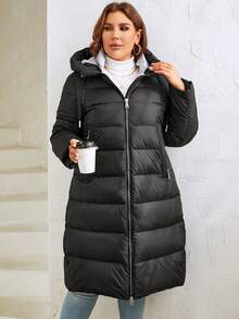 MIEGOFCE Plus Size Women Zipper Drawstring Hooded Long Sleeve Long Winter Coat - Black - View 6
