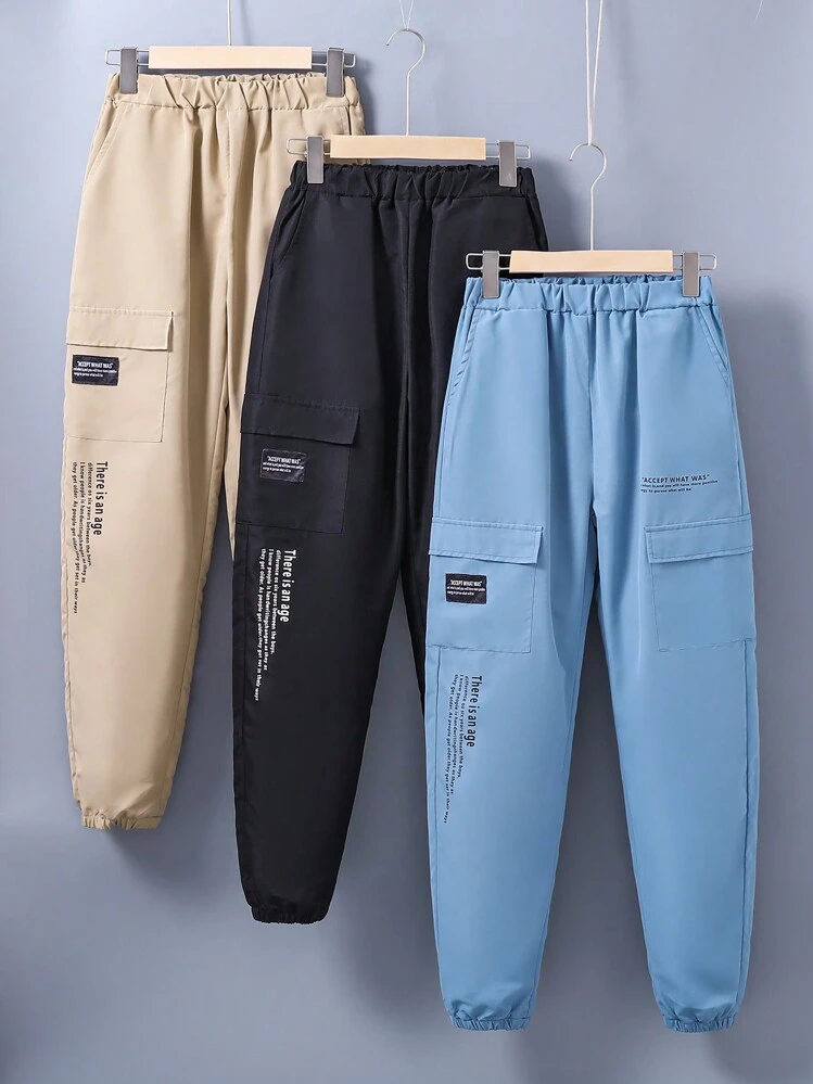 Chico adolescente 3 piezas Pantalones cargo con estampado de slogan con bolsillo con solapa - Negro - Ver 1