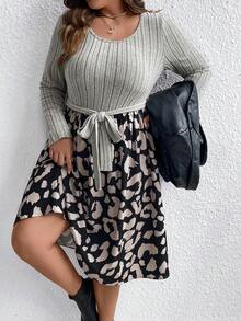 SHEIN LUNE Plus Leopard Print Belted Dress - Multicolor - View 5
