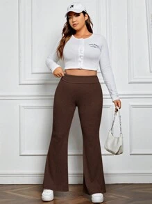 SHEIN EZwear 大碼高腰喇叭褲 - 棕色 - 查看 5