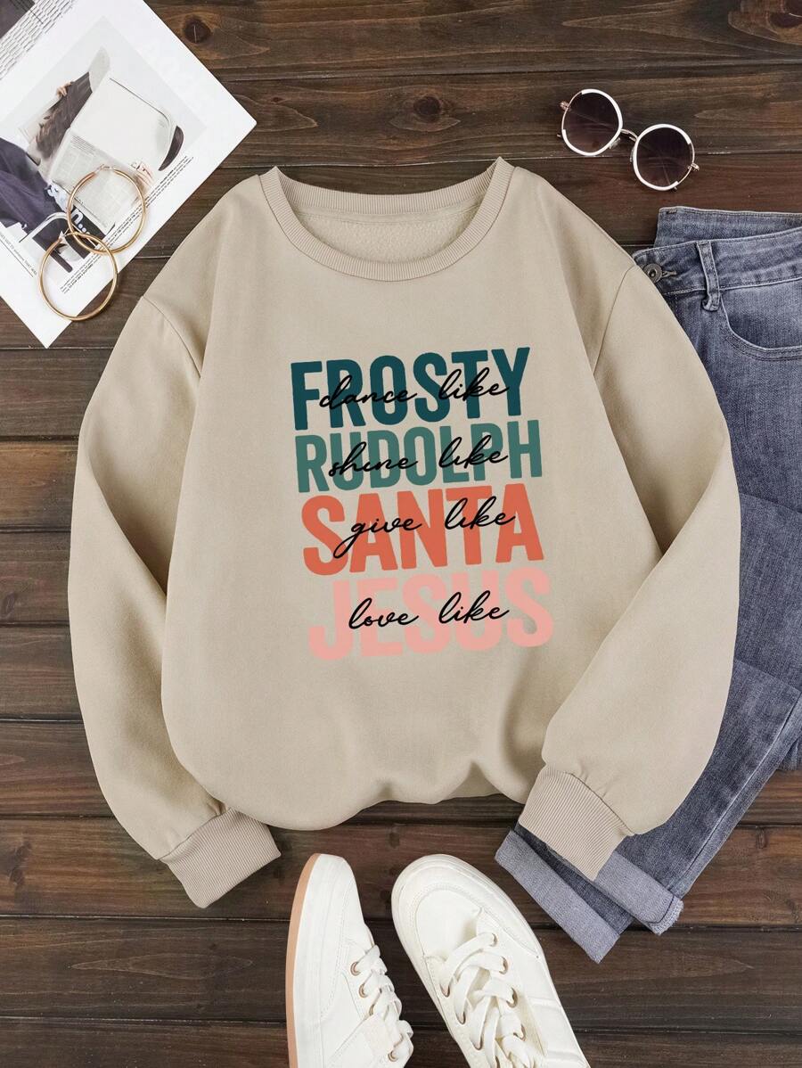 SHEIN Unity 大碼標語圖案加絨內裏運動衫 - 杏色 - 查看 1