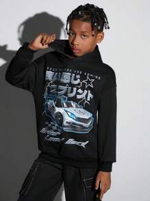 SHEIN 青少年男孩汽车和日文字母图案落肩卫衣 - 黑色 - 查看 6