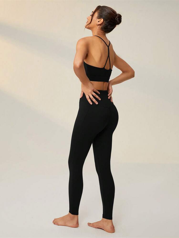 Solid Cami Top & Leggings Sports Set With Bolero
