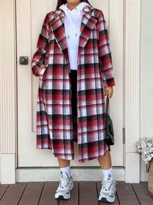 Flirla Plus Plaid Print Lapel Neck Overcoat Fall Cloth For Women - Multicolor - View 5