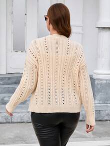 SHEIN Privé 大碼網眼針織落肩袖開襟衫 - 杏色 - 查看 2