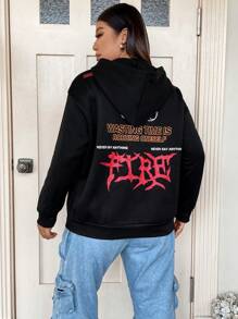 Flirla 加大码标语印花落肩套头卫衣 秋季卫衣 - 黑色 - 查看 5