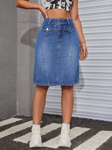 SHEIN ICON High Waist Flap Detail Denim Skirt - Medium Wash - View 1